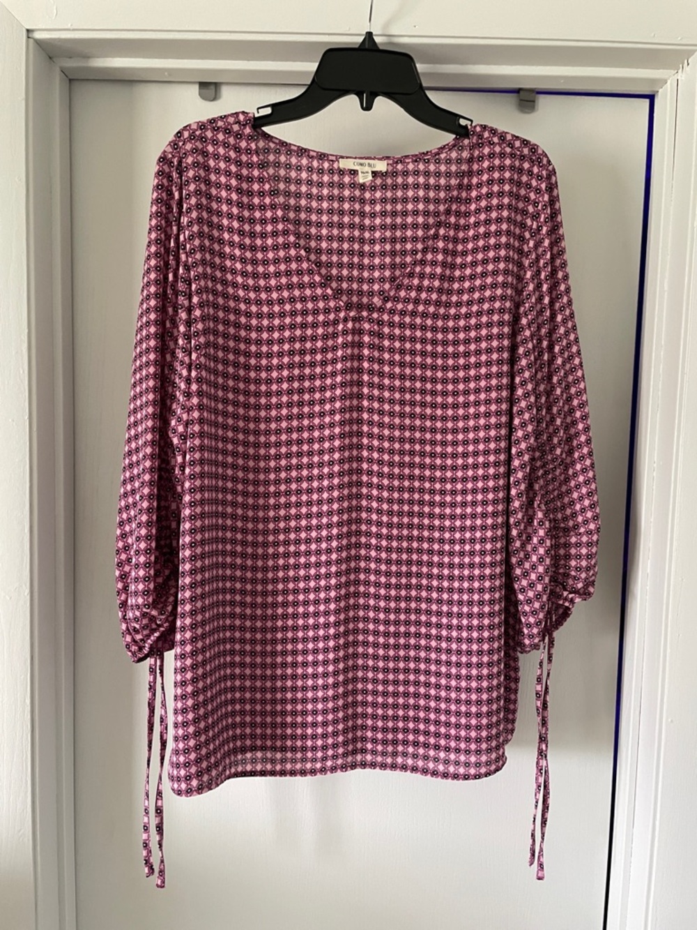 Women's Pink Geometric Print Tie-Sleeve Blouse XL